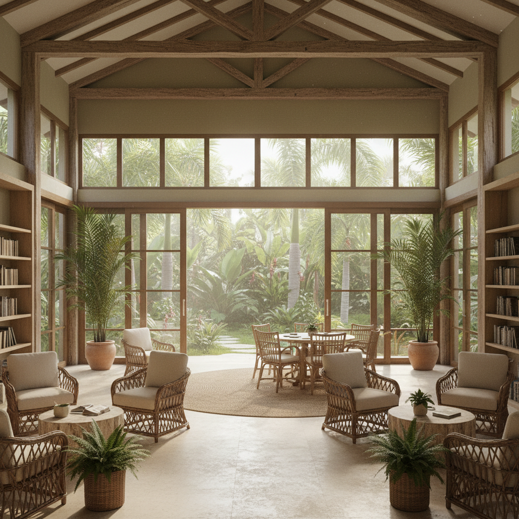Design a serene and inviting Library in a Natural Tropical style, featuring a calming color palette  - Interior design