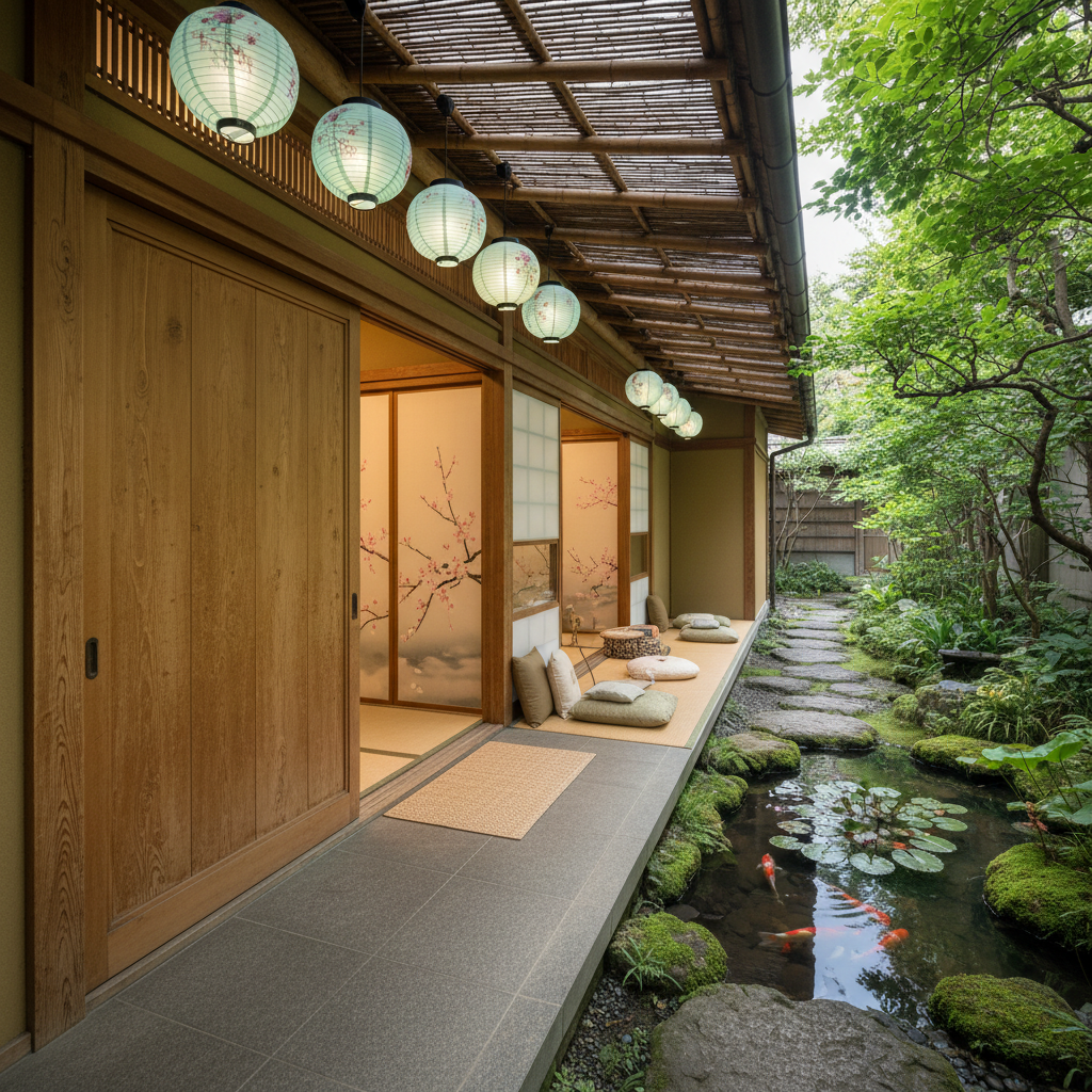 Create a serene and whimsical Covered Outdoor Gallery in traditional Japanese Design style, set amid - Japanese Design design