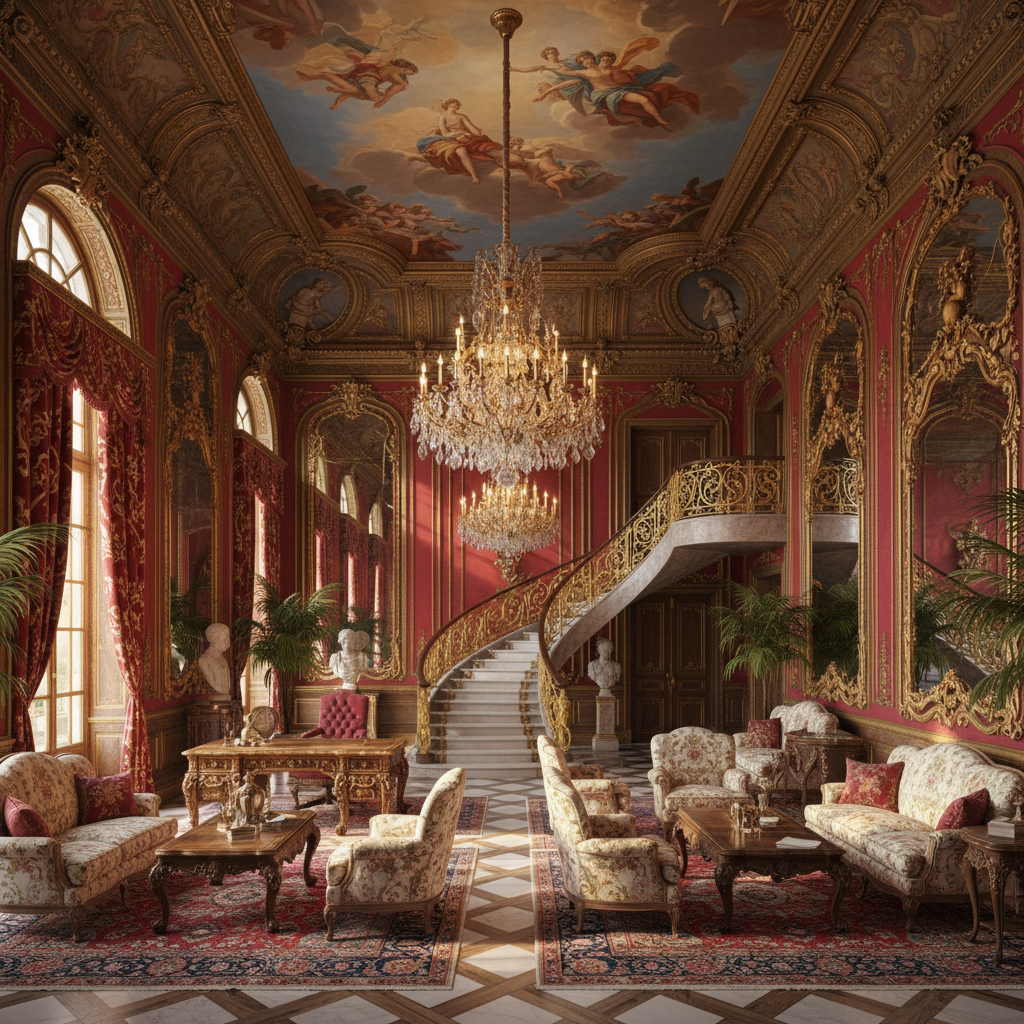 Create a grandiose Baroque-style interior for a luxurious office, featuring rich textures, opulent m - Baroque design