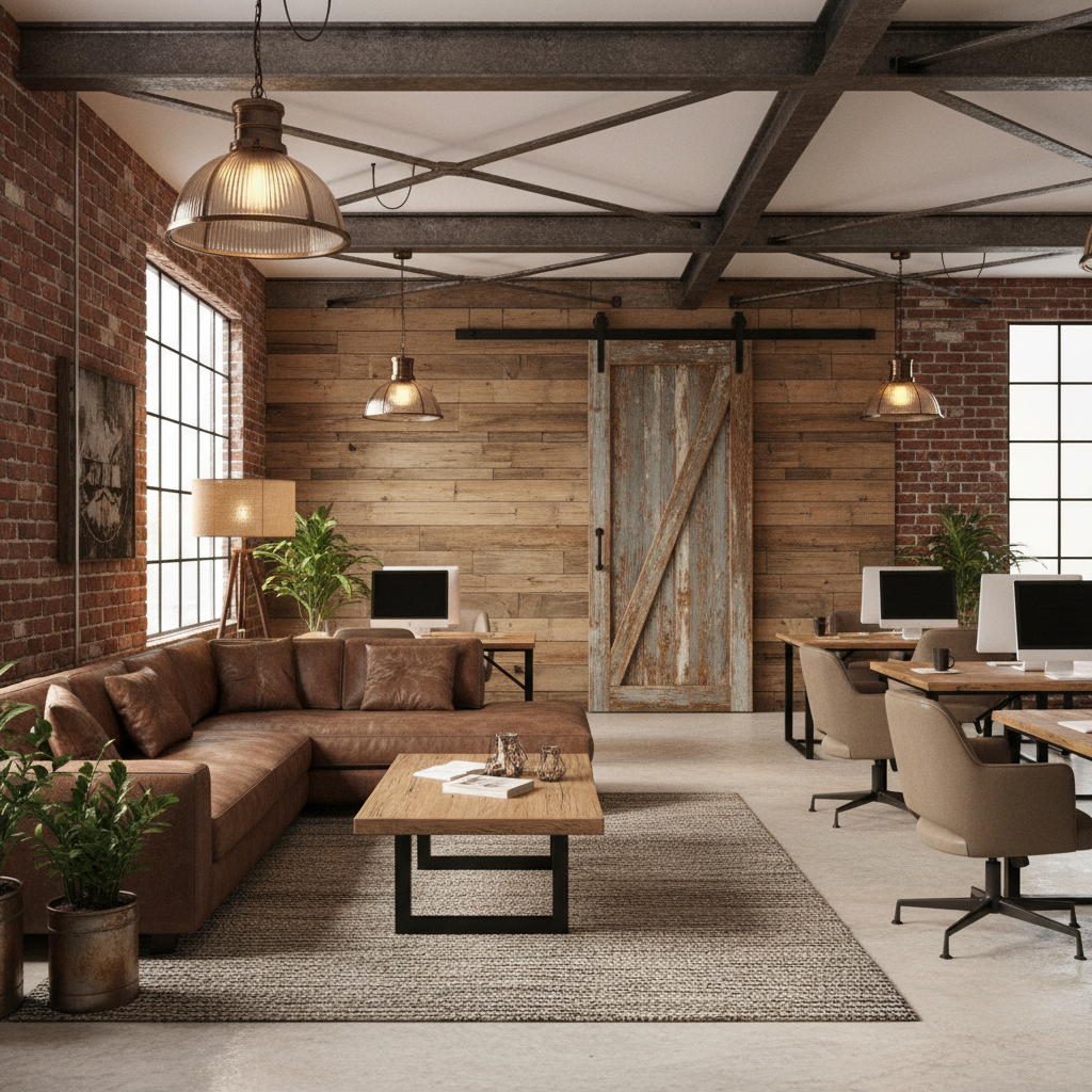 Design a workspace in Soft Industrial style, featuring reclaimed wood accents, exposed brick walls,  - Soft Industrial design