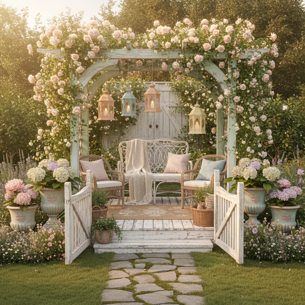 Create a charming Shabby Chic front yard with a soft, romantic atmosphere. Incorporate distressed wo - Shabby Chic design