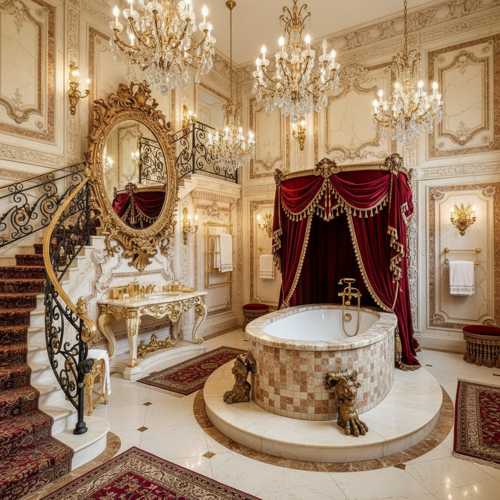 Design a Baroque-style bathroom with rich, opulent details, featuring cream-colored marble walls and - Interior design