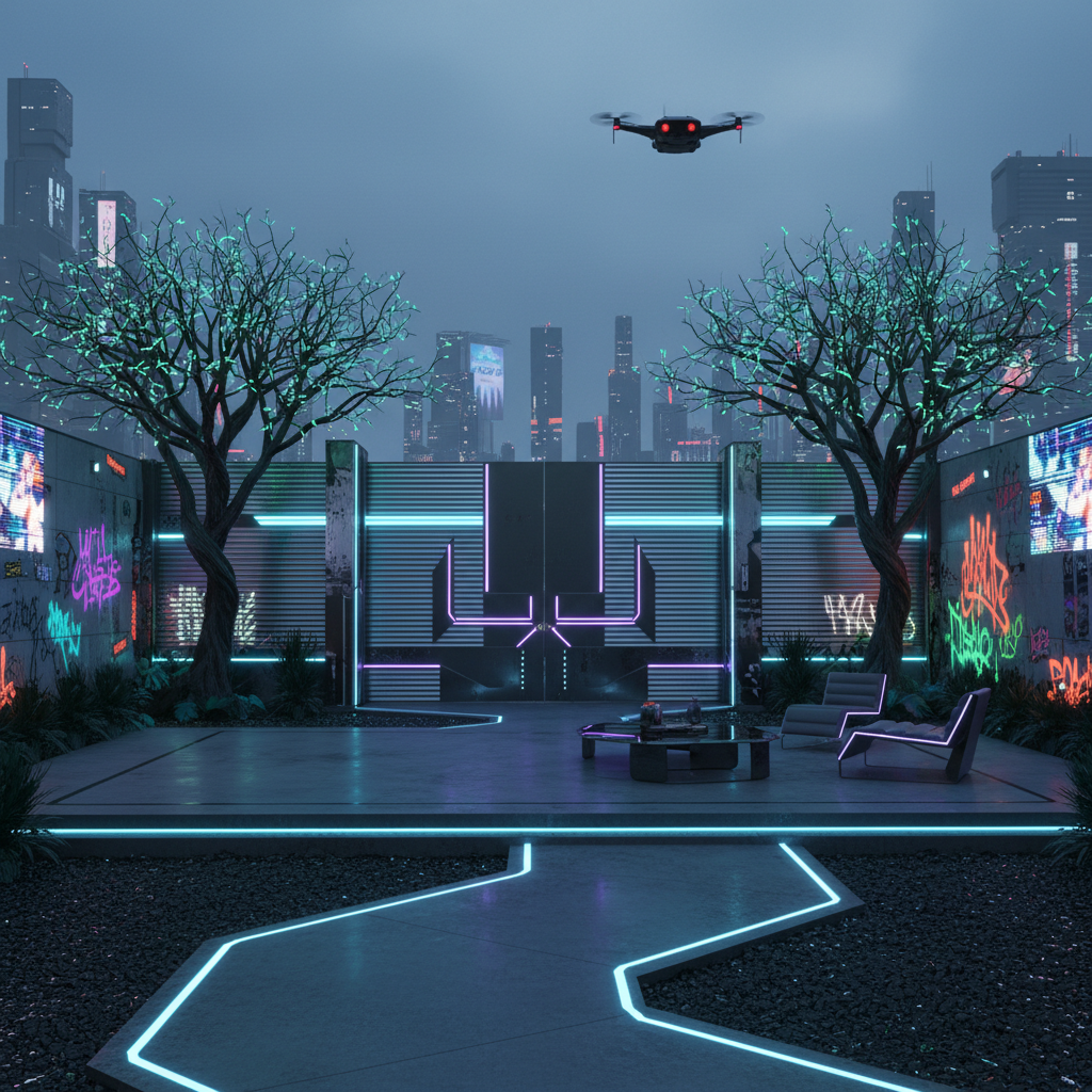 Design a futuristic front yard with a cyberpunk aesthetic, set amidst a dystopian cityscape. The spa - Front Yard design