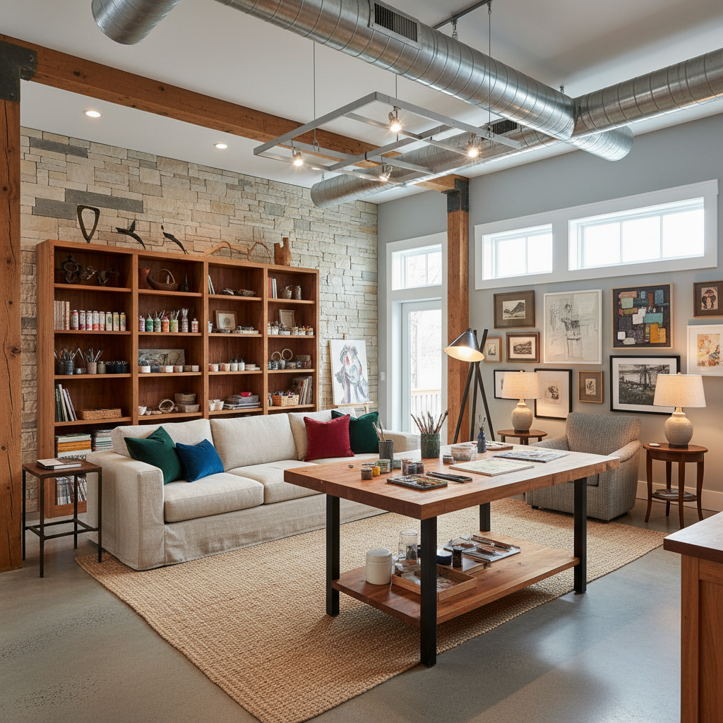 Design a Balanced Transitional art studio with a neutral color palette, warm wood tones, and a mix o - Balanced Transitional design