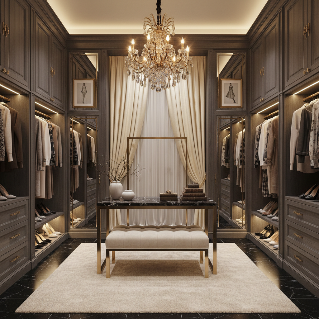 Create a walk-in closet in the style of a luxurious Parisian boutique, featuring rich, muted hues an - Walk-in Closet design