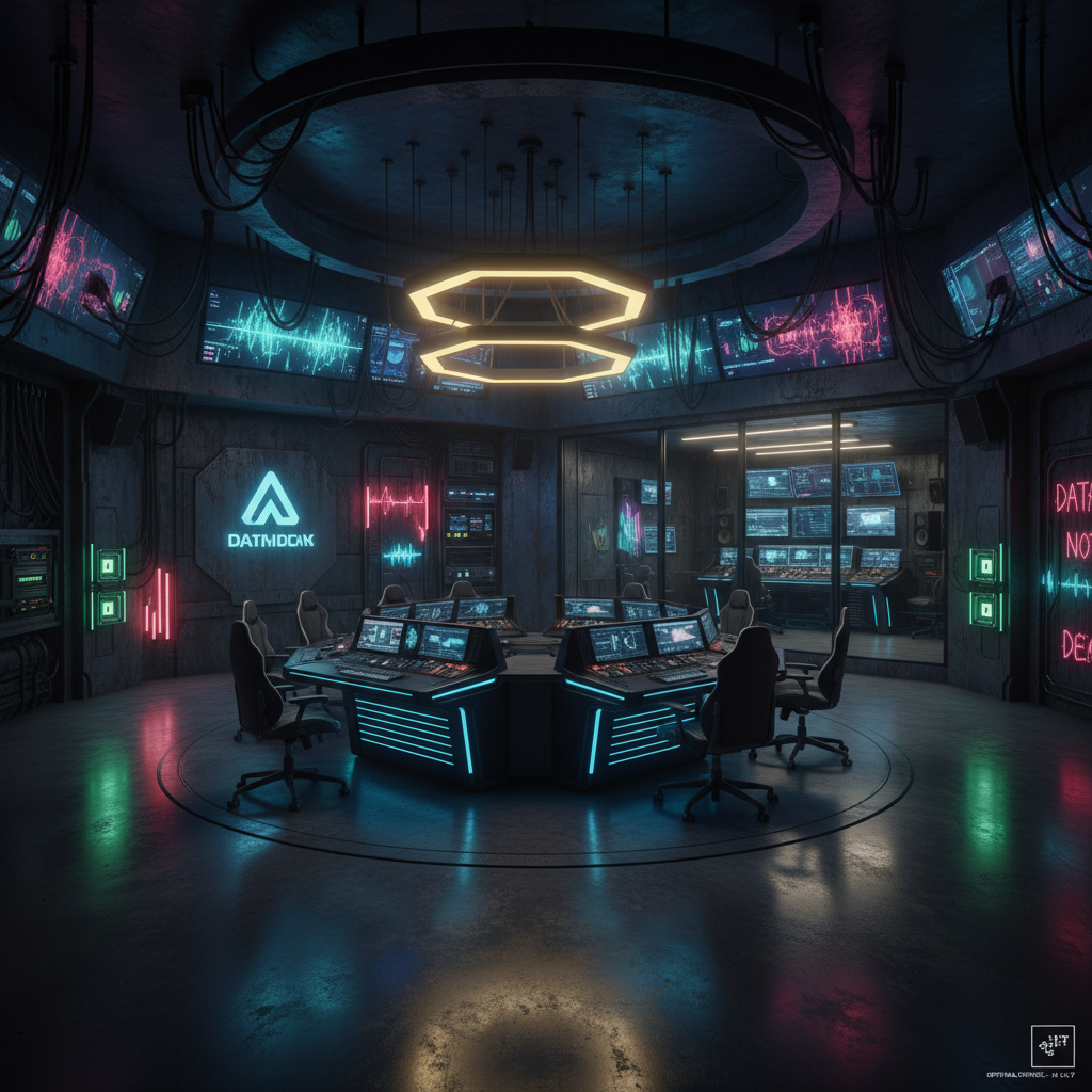 Generate a futuristic recording studio with a dark, gritty, and high-tech aesthetic, reminiscent of  - Recording Studio / Streaming design