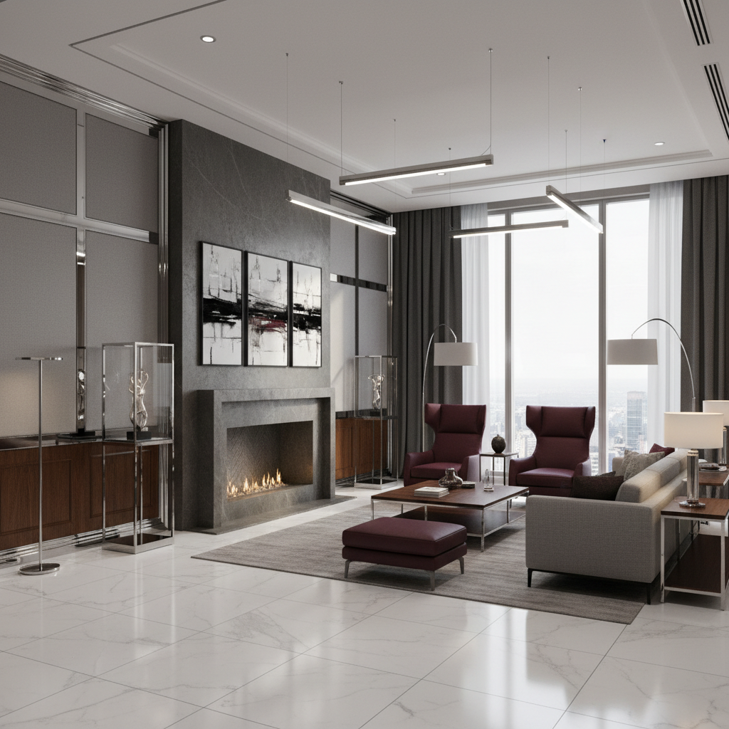 Design a high-end corporate office with a luxurious and sophisticated atmosphere. The space should f - Luxury design