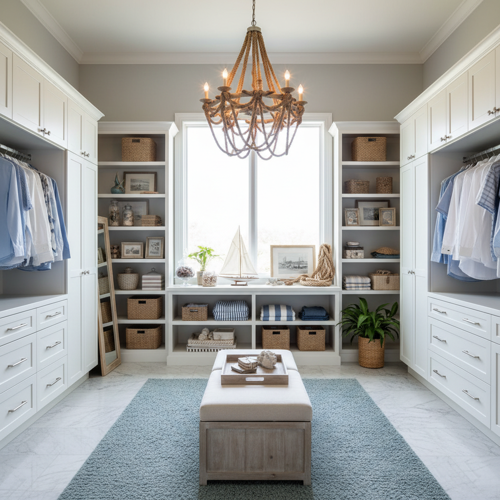 Create a spacious walk-in closet with a Modern Coastal aesthetic, featuring crisp white shaker cabin - Walk-in Closet design