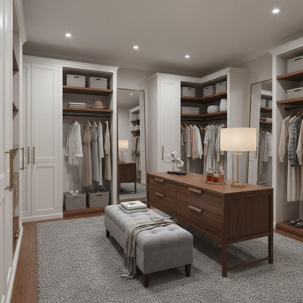 Design a spacious walk-in closet with a balanced transitional style, featuring a combination of mode - Walk-in Closet design
