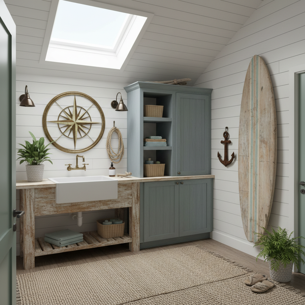 Design a Laundry Room with a laid-back Surf Shack vibe, featuring a soothing coastal color palette,  - Surf Shack design