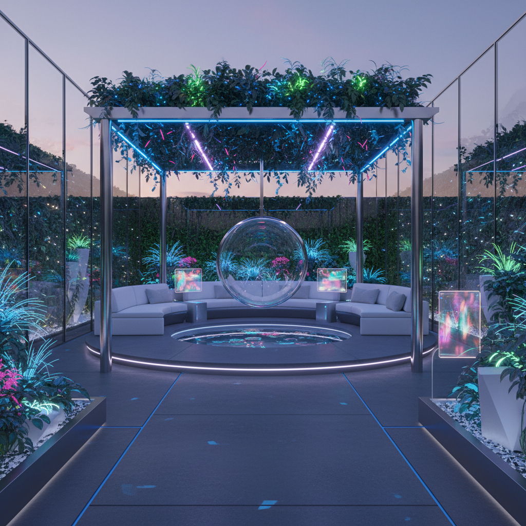Create a futuristic backyard with a sleek, high-tech aesthetic, set amidst a lush, neon-lit landscap - Futuristic design