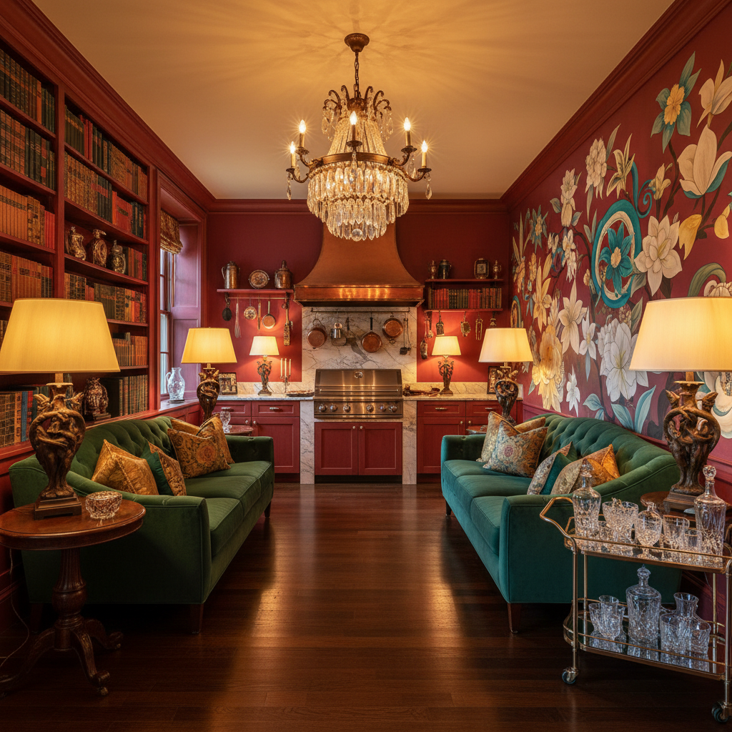 Envision a Grill Area that embodies opulence and drama, characteristic of the Maximalist style. The  - Maximalist design