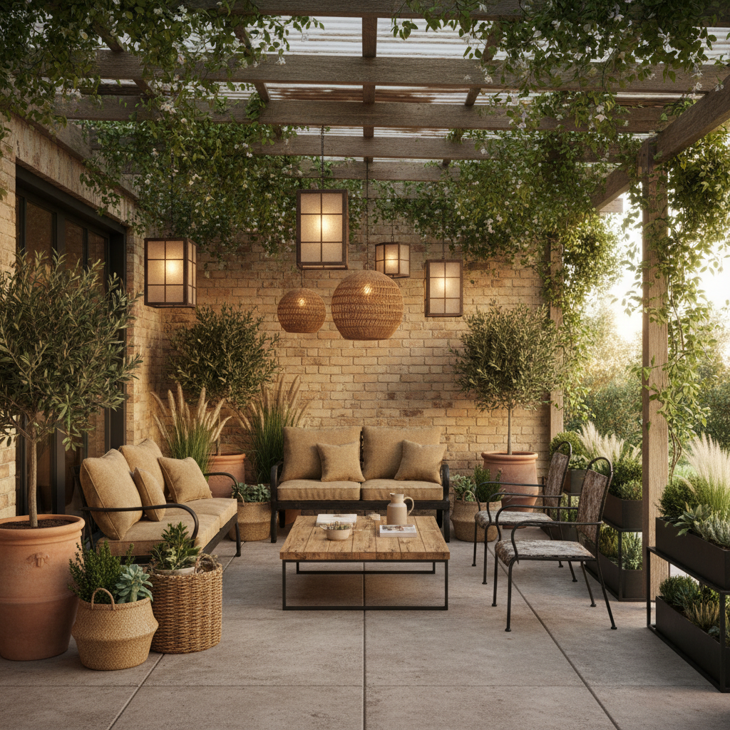 Design a veranda with a Soft Industrial aesthetic, characterized by a warm and inviting atmosphere,  - Soft Industrial design