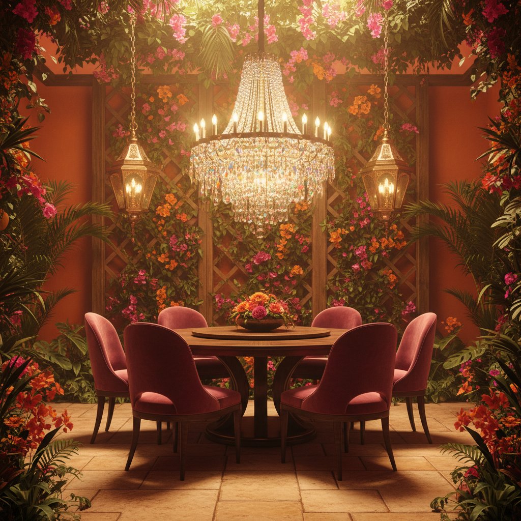 Design a dramatic outdoor dining area in the style of maximalist opulence, set amidst lush greenery  - Maximalist design