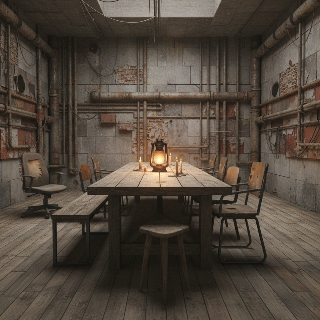 Design a post-apocalyptic dining room with a utilitarian aesthetic, where a single, flickering lante - Dining Room design