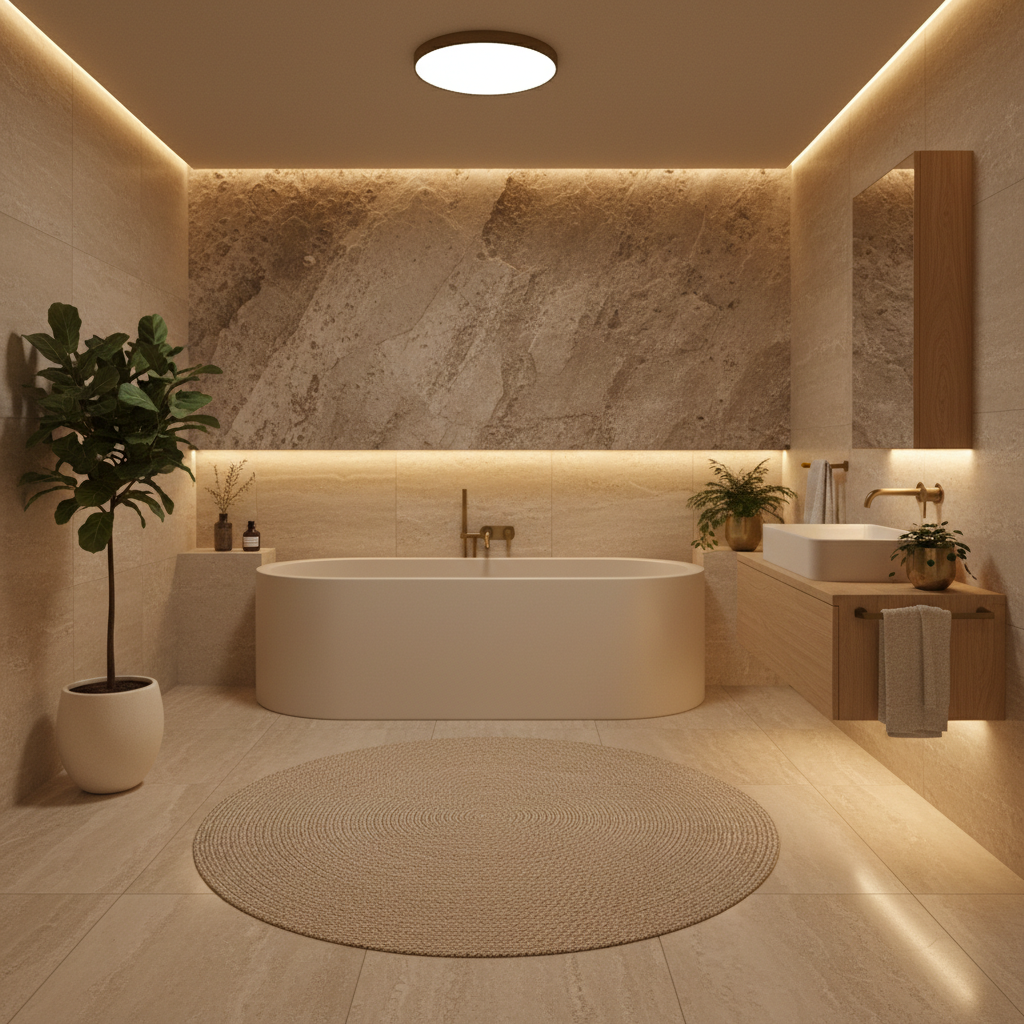 Design a Warm Minimalist bathroom featuring a predominantly beige and taupe color palette, accented  - Warm Minimalism design