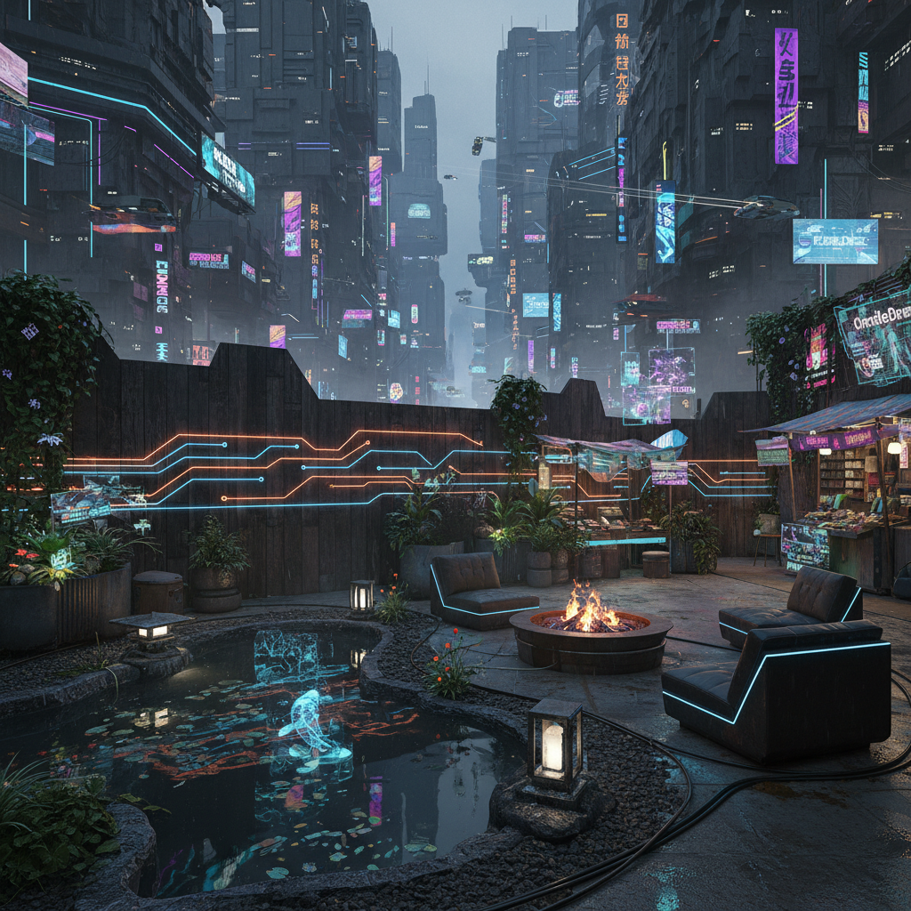 Generate an immersive Cyberpunk-themed backyard, where a sprawling metropolis converges with a futur - Backyard design