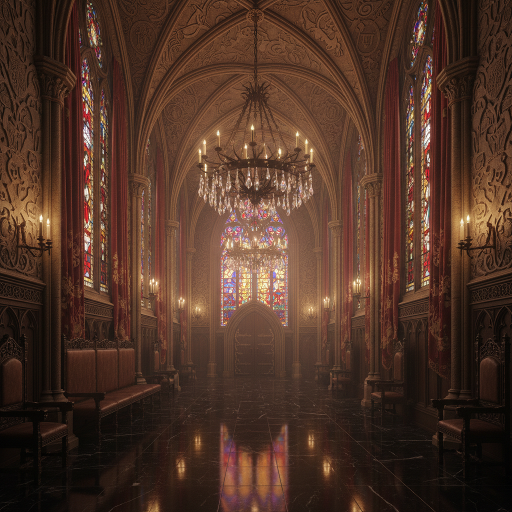 Create a grand Gothic-style hallway with intricate stone carvings, soaring ceilings, and richly text - Hallway design