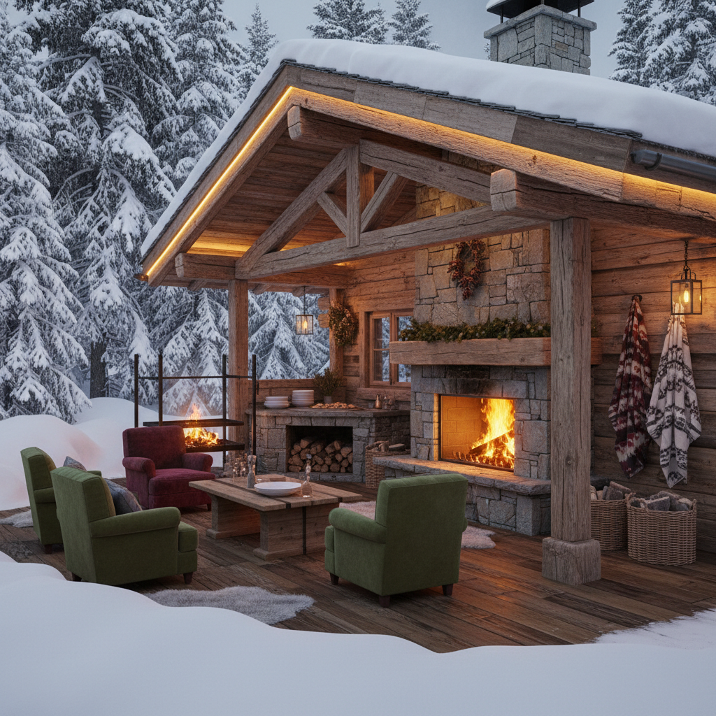 Generate a cozy Grill Area in a Snow Chalet style, with a rustic wooden exterior, surrounded by towering evergreen trees and a snow-covered landscape. The interior features a large stone fireplace, adorned with wooden beams and a wooden mantel, with a roaring fire burning on a chilly winter evening. The space is illuminated by warm golden lighting, and the walls are adorned with natural textiles, such as wool blankets and pinecones. The floor is made of dark hardwood, and the seating area includes plush velvet armchairs and a wooden coffee table. A rustic wooden grill sits atop a stone hearth, surrounded by a selection of snow-white ceramics and woven baskets. - Snow Chalet Grill designed with artificial intelligence by Interiores AI