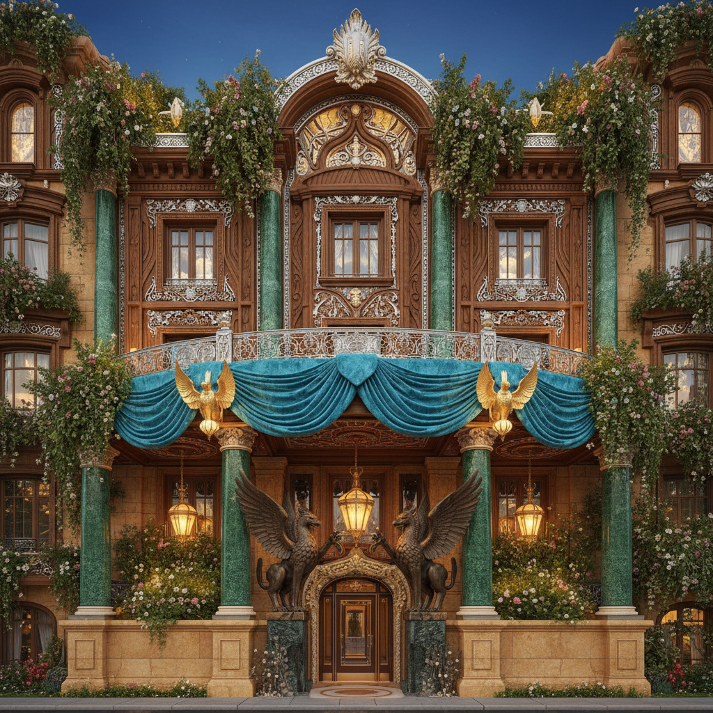 Create a grand, Maximalist-inspired apartment building exterior with intricate details, bold colors, - Apartment Building Exterior design