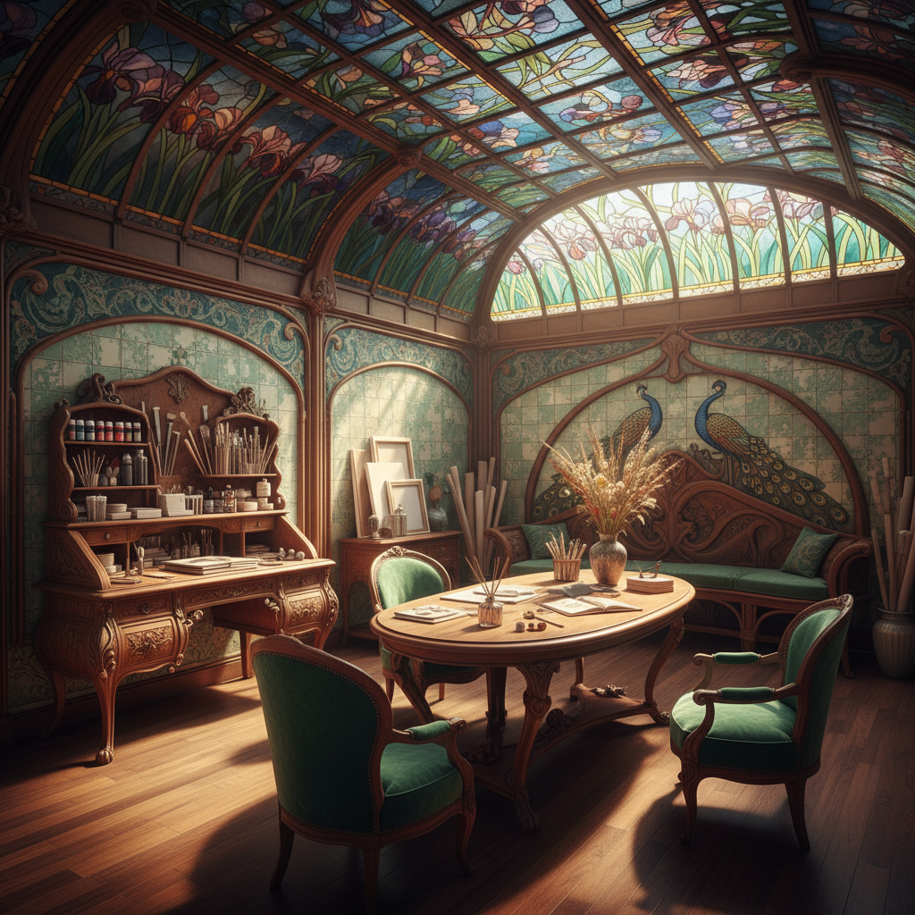 Design a vibrant Creative Workshop in the Art Nouveau style, featuring a combination of curved lines, organic shapes, and rich materials. The space is filled with natural light pouring in through a skylight above a wooden bench, illuminating a worktable surrounded by plush, emerald-green velvet armchairs. The walls are adorned with intricate, hand-painted tiles in shades of turquoise, gold, and cream, complemented by a stunning stained-glass ceiling. The floor is made of dark hardwood, polished to a high sheen, and features a beautiful, hand-carved wooden desk with ornate metal legs. The atmosphere is warm and inviting, with the scent of sandalwood and essential oils wafting through the air. The space is filled with an assortment of art supplies, including paints, brushes, canvases, and sculpture tools, all arranged in a visually appealing and creative way. - Art Nouveau Creative Workshop designed with artificial intelligence by Interiores AI