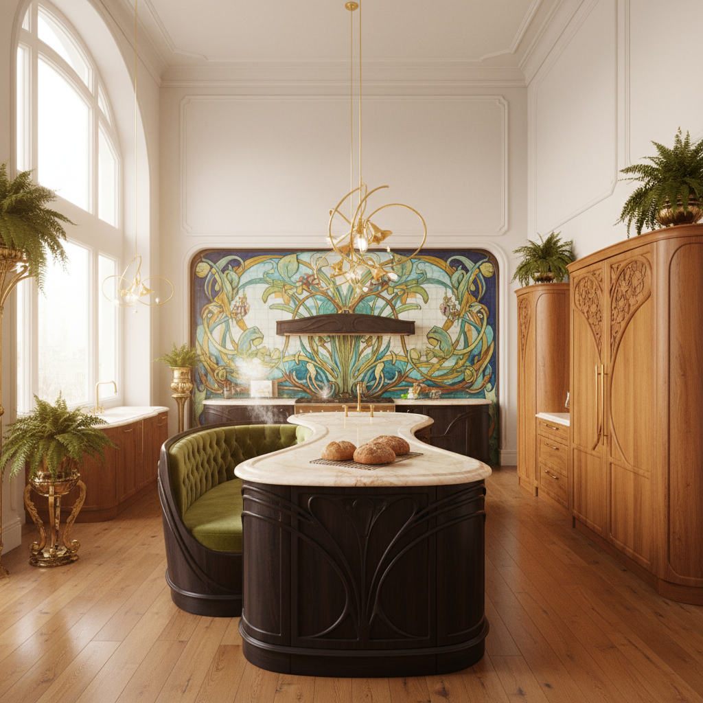Design an open integrated kitchen in the Art Nouveau style, characterized by sinuous curves and orga - Art Nouveau design