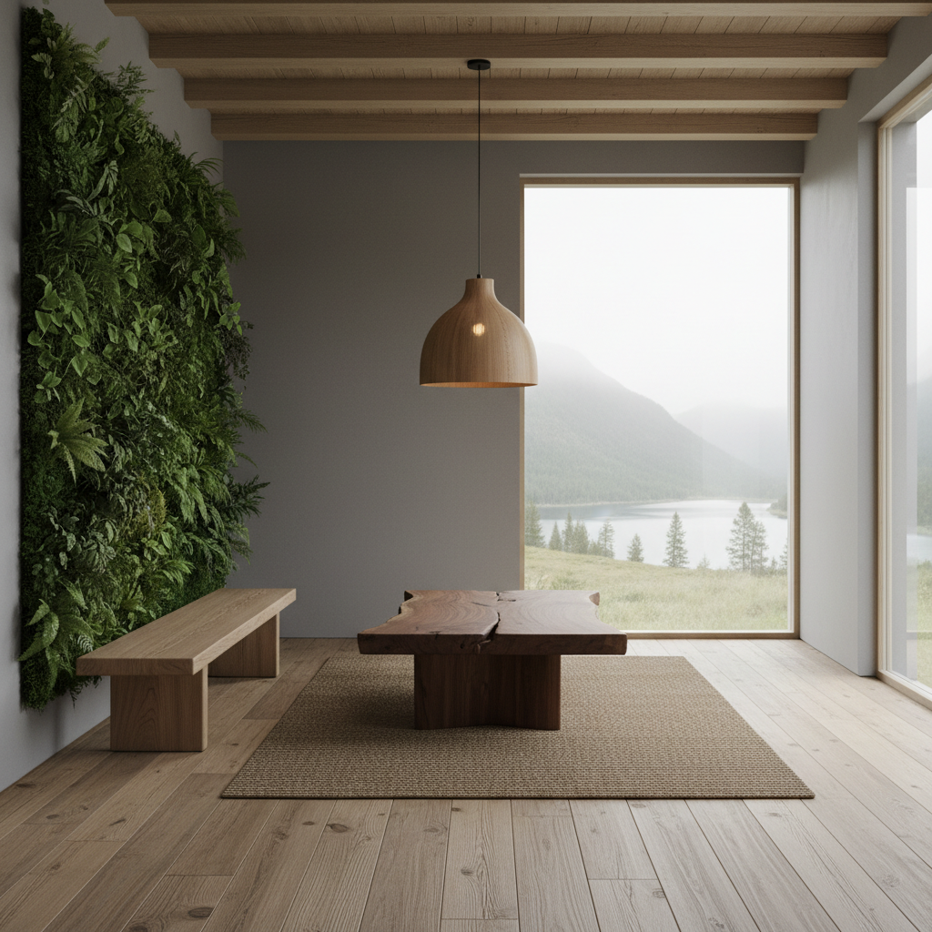 Create a natural Japandi-style entrance with a sense of calmness, featuring a soothing color palette, organic textures, and minimalist furniture. The space should include a reclaimed wood floor, exposed wooden beams, and a low-slung wooden bench. Walls should be painted a soft, muted gray (e.g., Farrow & Ball's "Elephant's Breath") and adorned with a living green wall. A wooden pendant light fixture with a linen shade hangs above a minimalist coffee table made from a single piece of solid wood. The overall atmosphere should be serene and welcoming, with natural light pouring in through a large window that frames a stunning view of the surrounding landscape. - Natural Japandi Entrance / Porch designed with artificial intelligence by Interiores AI