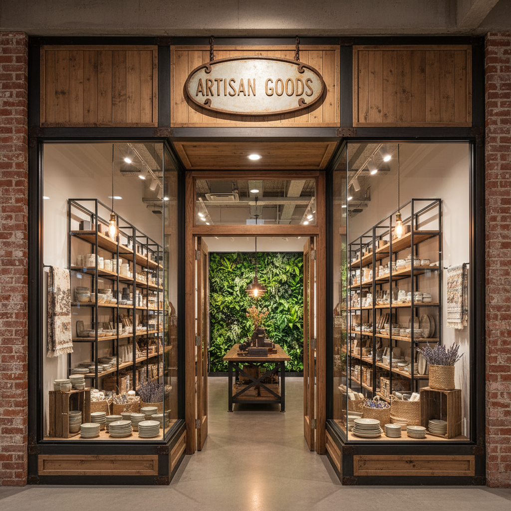 Design a storefront with an open, airy feel in a Soft Industrial style. The 20-foot wide space featu - Storefront design