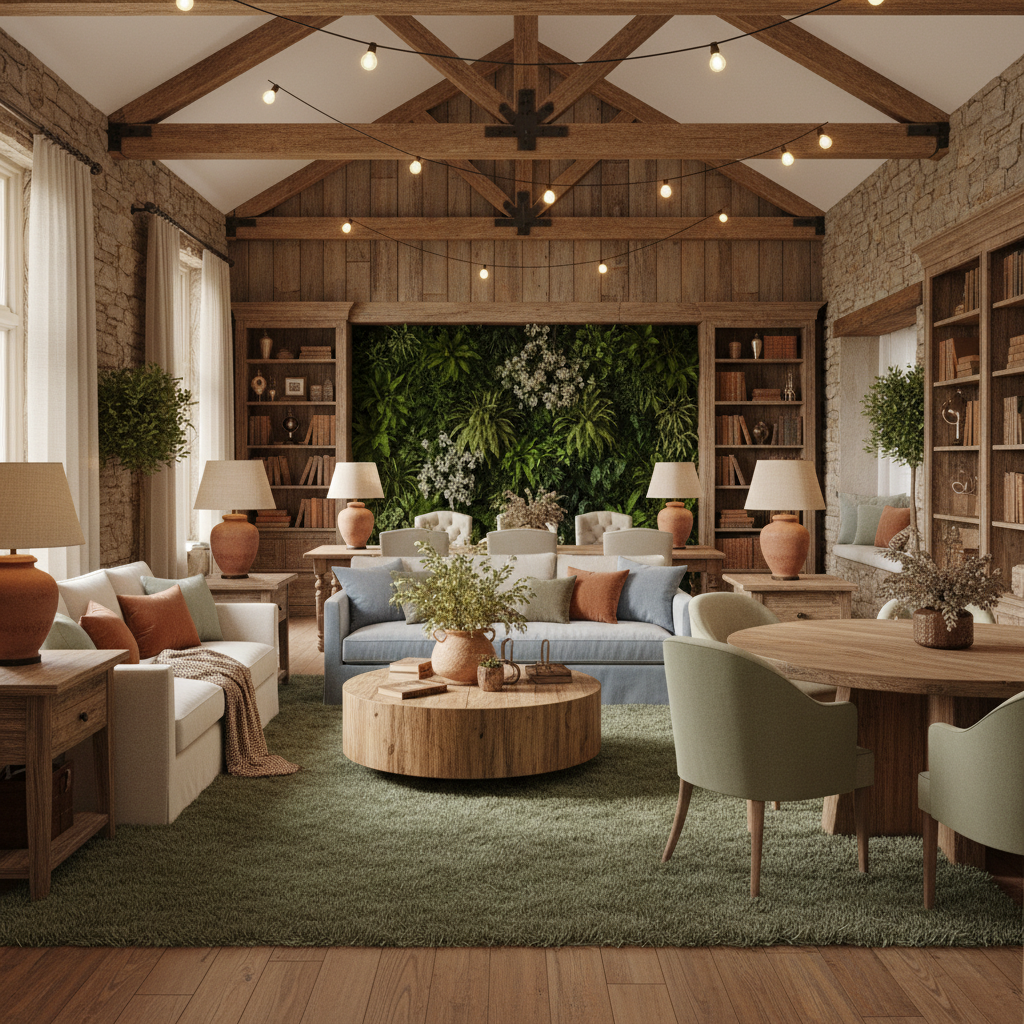 Create a warm and inviting corporate office in Cottagecore style, featuring natural materials and soft color palette. The space should resemble a charming rural retreat, with plush furnishings and cozy textiles. Incorporate reclaimed wood accents, such as wooden beams and distressed finish furniture, alongside greenery and living walls to bring in a sense of nature. Warm earthy tones, like terracotta and sage, should dominate the color scheme, with pops of creamy whites and soft blues. Soft, warm lighting should be achieved through a combination of table lamps, floor lamps, and string lights. Incorporate natural textiles, such as wool and linen, into upholstery and rugs. The atmosphere should be peaceful and calming, perfect for focused work and collaboration.