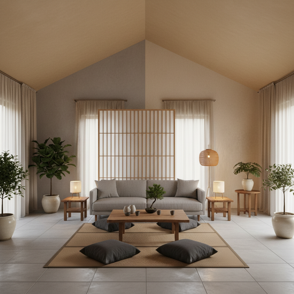 Generate an interior image of a serene Living Room in Natural Japandi style, with a 14-foot ceiling, featuring a combination of warm beige and soft gray tones on the walls and floors. The space is illuminated by a mix of table lamps with paper shades and a floor lamp with a woven rattan shade, casting a warm, gentle glow. The furniture includes a low-slung, minimalist sofa in a light gray fabric, a wooden coffee table made from reclaimed Japanese cedar, and a rectangular low-seating tatami area in a natural sisal rug. A minimalist wooden screen, approximately 6 feet tall, stands against one wall, separating the seating area from a small, adjacent nook with a floor lamp and a wooden side table. The space is dotted with potted plants in simple, ceramic pots, adding a touch of organic elegance. - Natural Japandi Living Room designed with artificial intelligence by Interiores AI