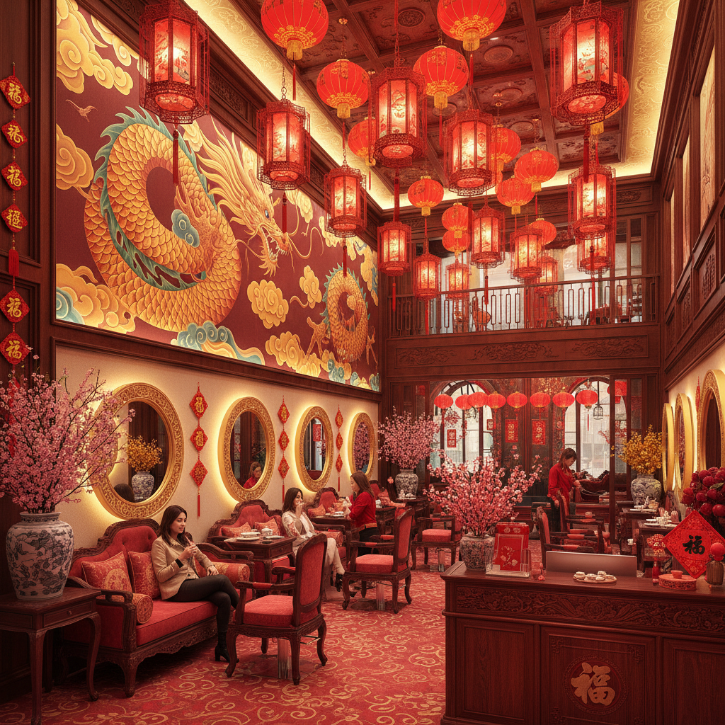 Generate a vibrant and festive interior design for a Hair Salon in Chinese New Year style, incorporating traditional motifs and colors. The space features a predominantly red and gold color scheme, with golden accents and ornate wooden furniture. A majestic dragon mural dominates one wall, while intricately designed lanterns hang from the ceiling. Plush red velvet banquettes and golden-framed mirrors add warmth and luxury, evoking the opulence of the Lunar New Year. Soft, warm lighting creates a cozy atmosphere, perfect for relaxation and pampering, as clients await their turn for a rejuvenating haircut and styling. - Chinese New Year Hair Salon / Barbershop designed with artificial intelligence by Interiores AI