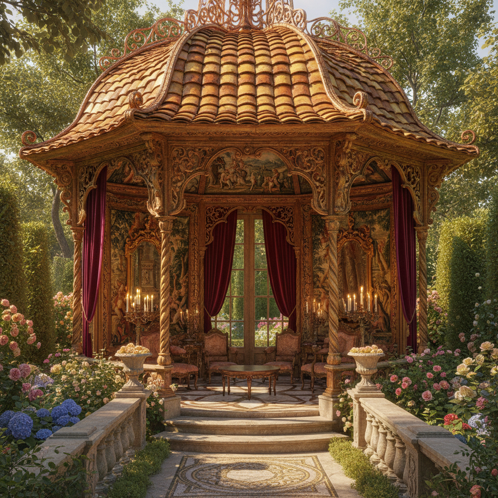 Imagine a whimsical Gazebo in Baroque style, set amidst a lush garden with ornate stone pathways. Th - Gazebo design