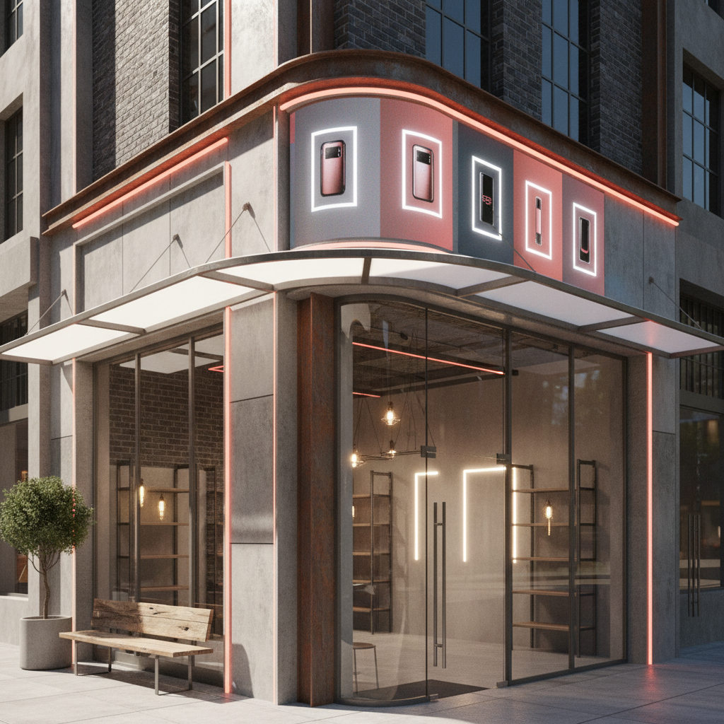 Generate a vibrant, compact storefront in an urban setting, blending modernity with industrial charm - Storefront design