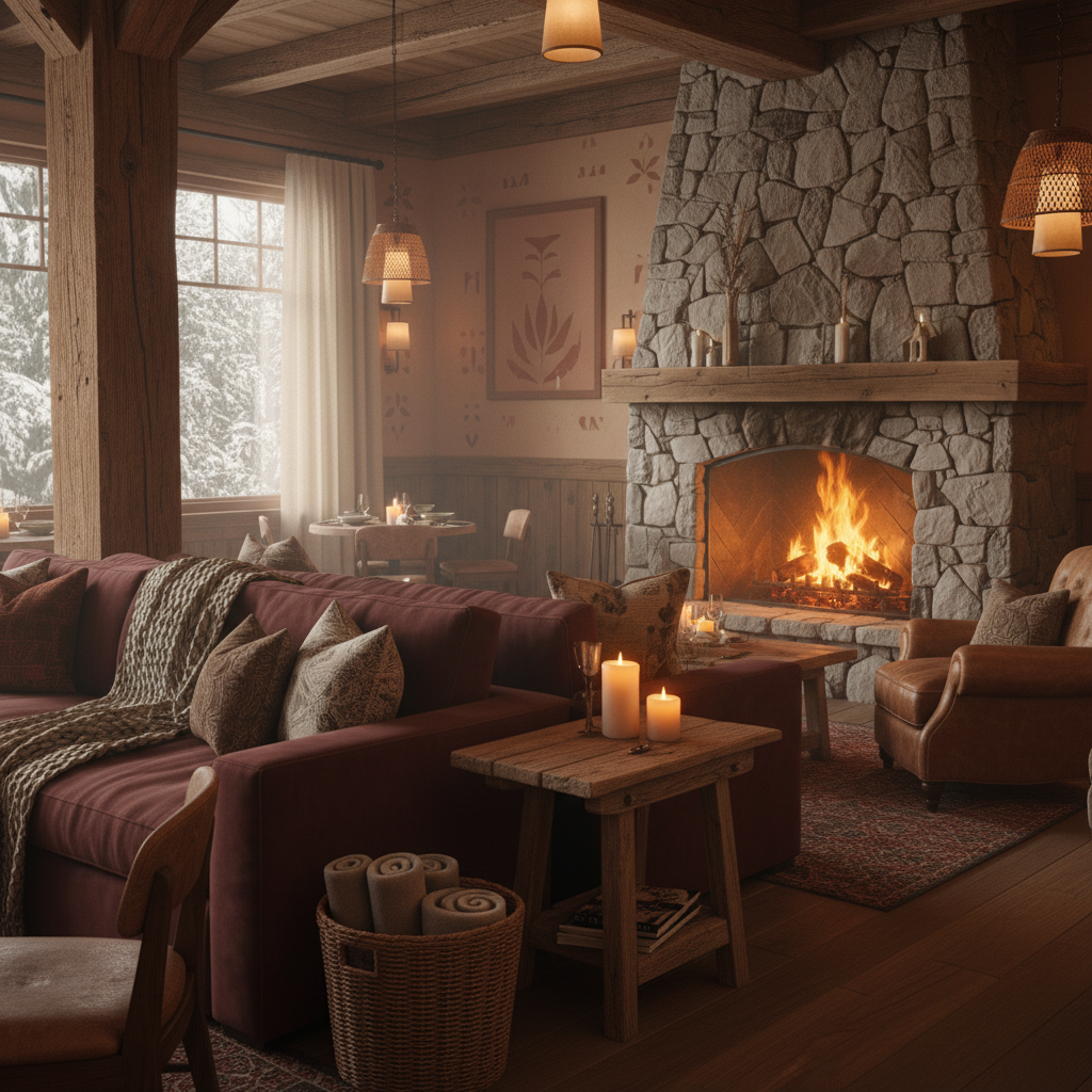 Design a warm and inviting restaurant with a cozy Airbnb-inspired aesthetic, reminiscent of a seclud - Cozy Airbnb Restaurant design