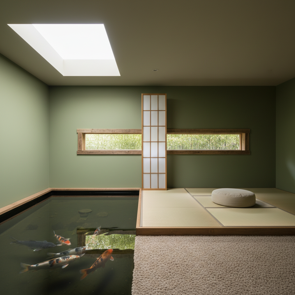 Design a serene Zen meditation room with a minimalist aesthetic, featuring a large, tranquil pond with a koi fish swimming near the water's edge. Soft, natural light pours in through a skylight, illuminating a tatami mat seating area with a low, cushioned zafu for meditation. Walls are painted a soothing shade of moss green, with a single, narrow window framed in reclaimed wood. The floor is covered in a soft, plush area rug in a neutral beige hue. A single, slim wooden shoji screen filters the natural light, creating a peaceful, enclosed space that promotes mental clarity and inner calm. - Zen Meditation Room designed with artificial intelligence by Interiores AI