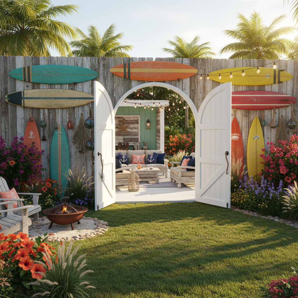 Generate a vibrant and eclectic Front Yard design inspired by the classic Surf Shack style, blending - Interior design