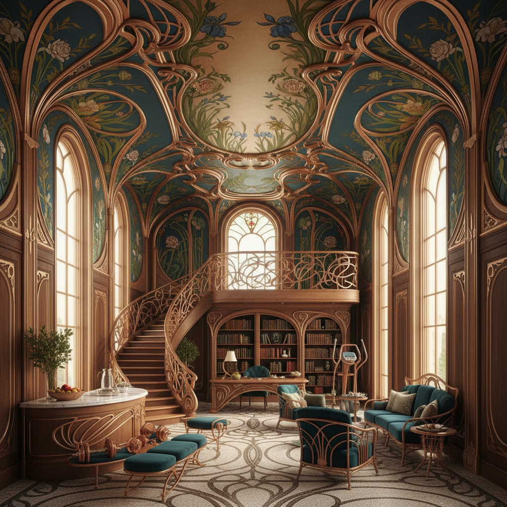 Design an Art Nouveau-inspired home gym with a luxurious, curved aesthetic. The space features a hig - Interior design