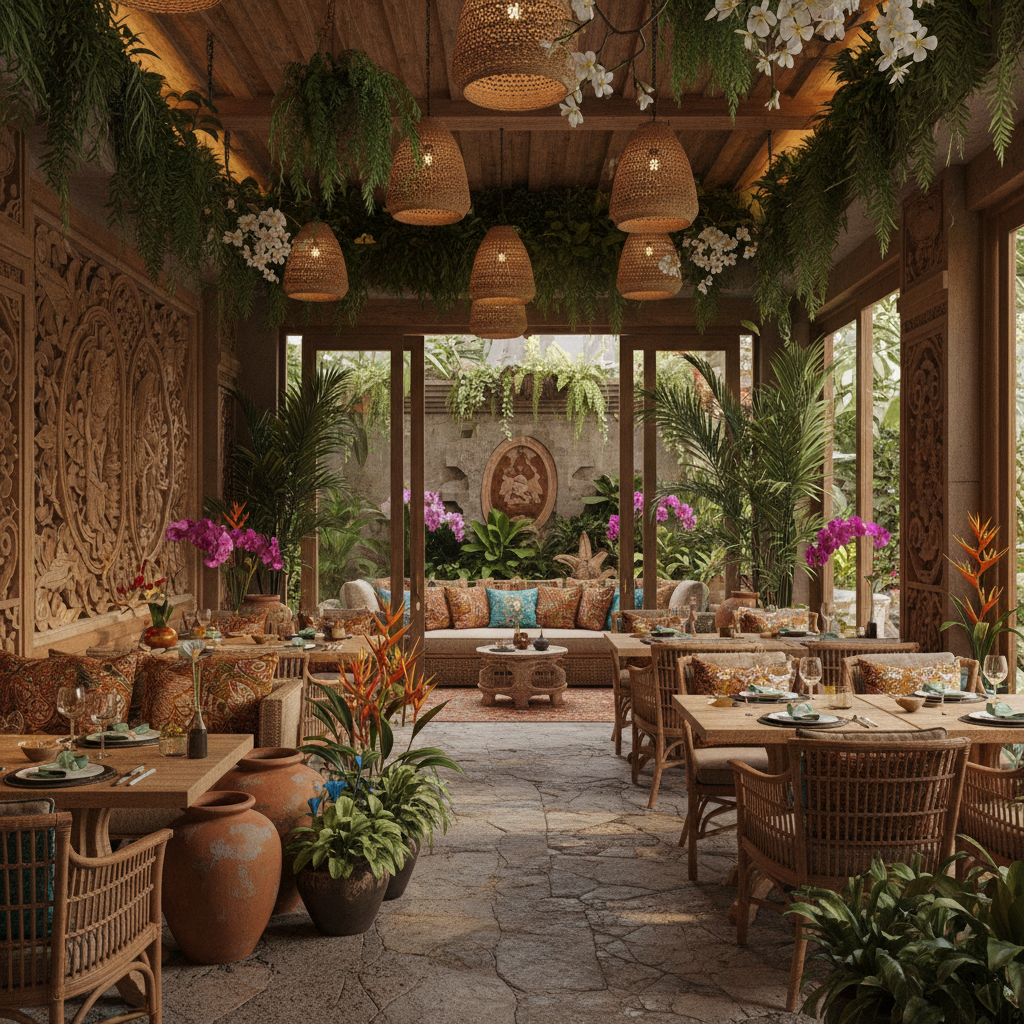 Create a serene and vibrant Bali-inspired restaurant with a natural, earthy aesthetic. Incorporate r - Interior design