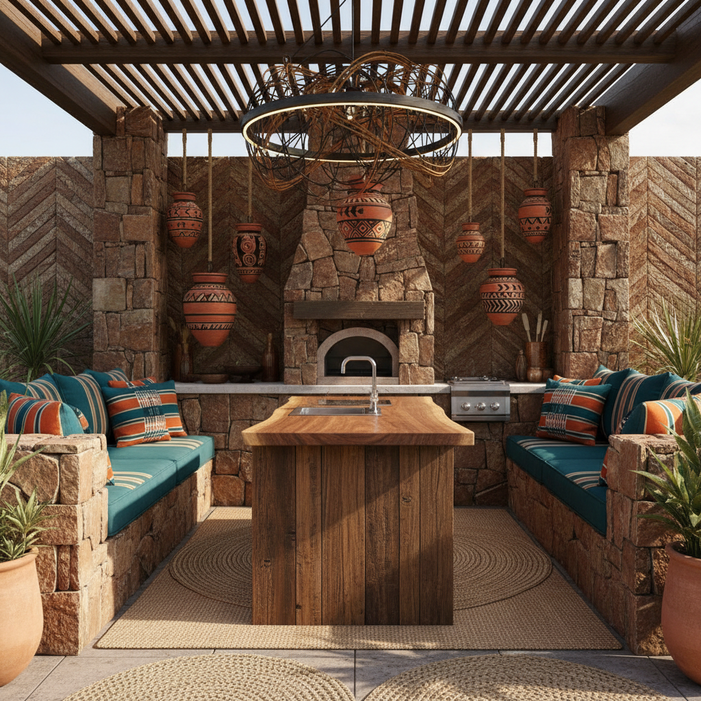 Generate a modern outdoor kitchen in a tribal style, blending earthy tones and natural materials wit - Interior design