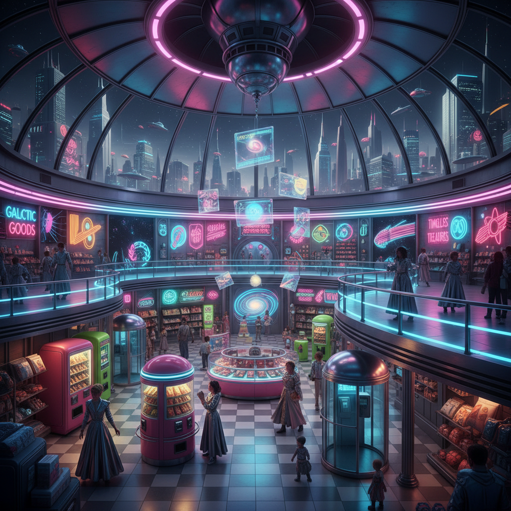 Design a futuristic retail store with a nostalgic twist, inspired by 1950s and 60s sci-fi. The space - Interior design