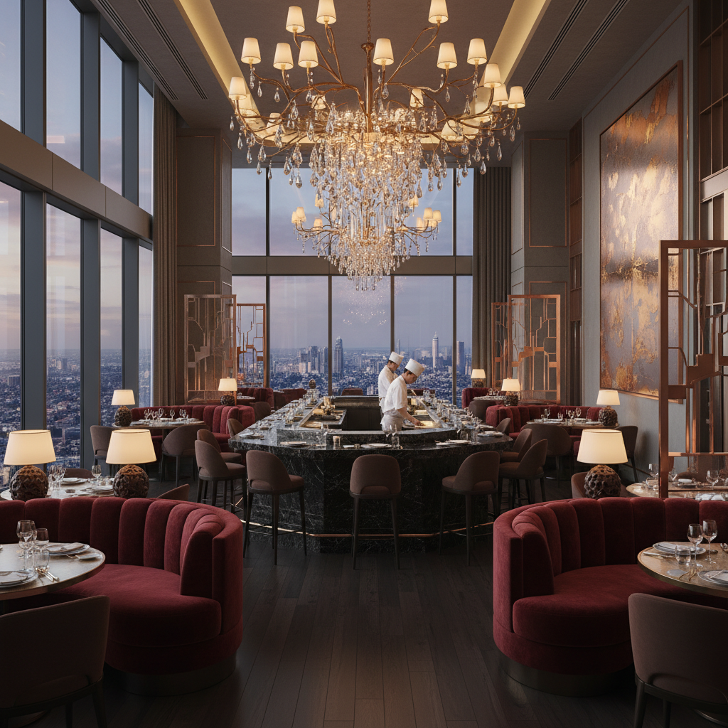 Design a Luxury Restaurant with a sophisticated and elegant atmosphere, where rich woods and metalli - Interior design