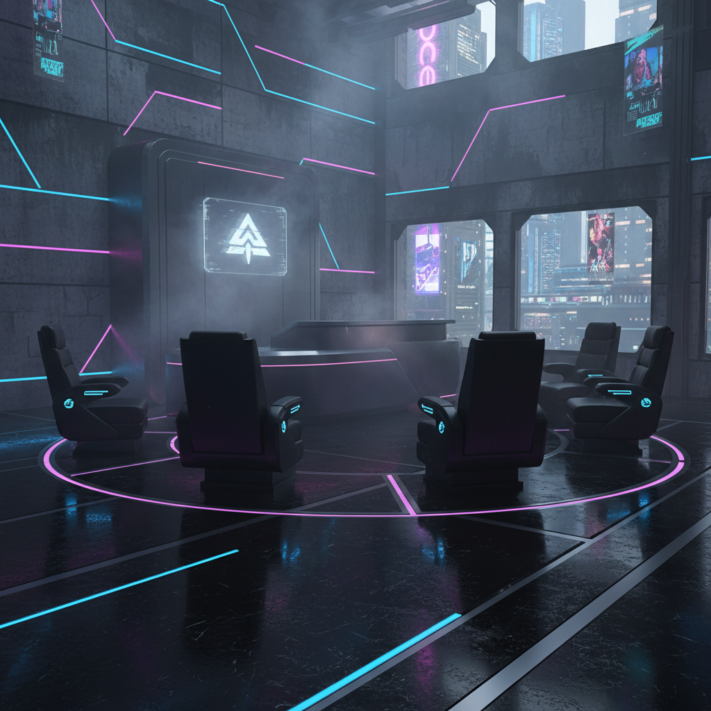 Create a futuristic reception area with a dark, edgy, and high-tech aesthetic, reminiscent of a dyst - Reception design