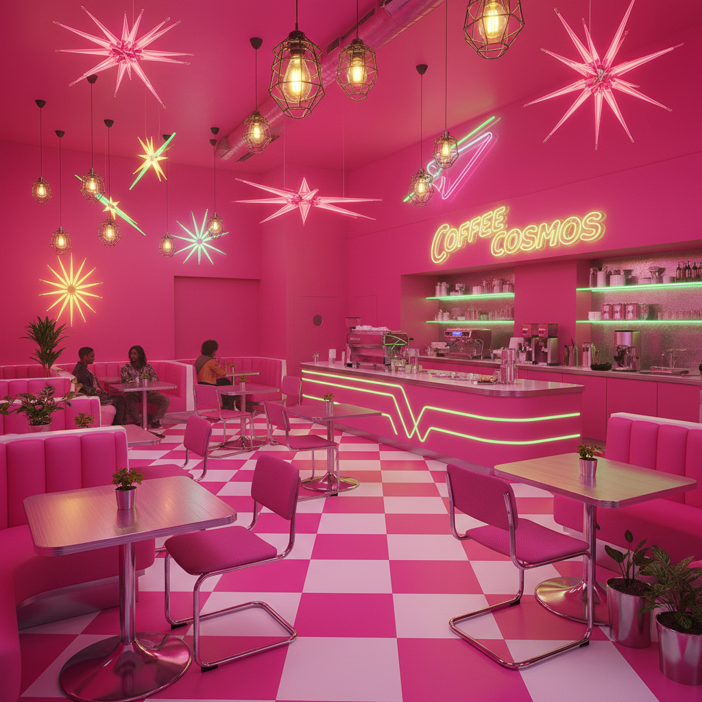 Design a vibrant Hot Pink coffee shop with a retro-futuristic twist. Walls and furniture in bold, el - Interior design