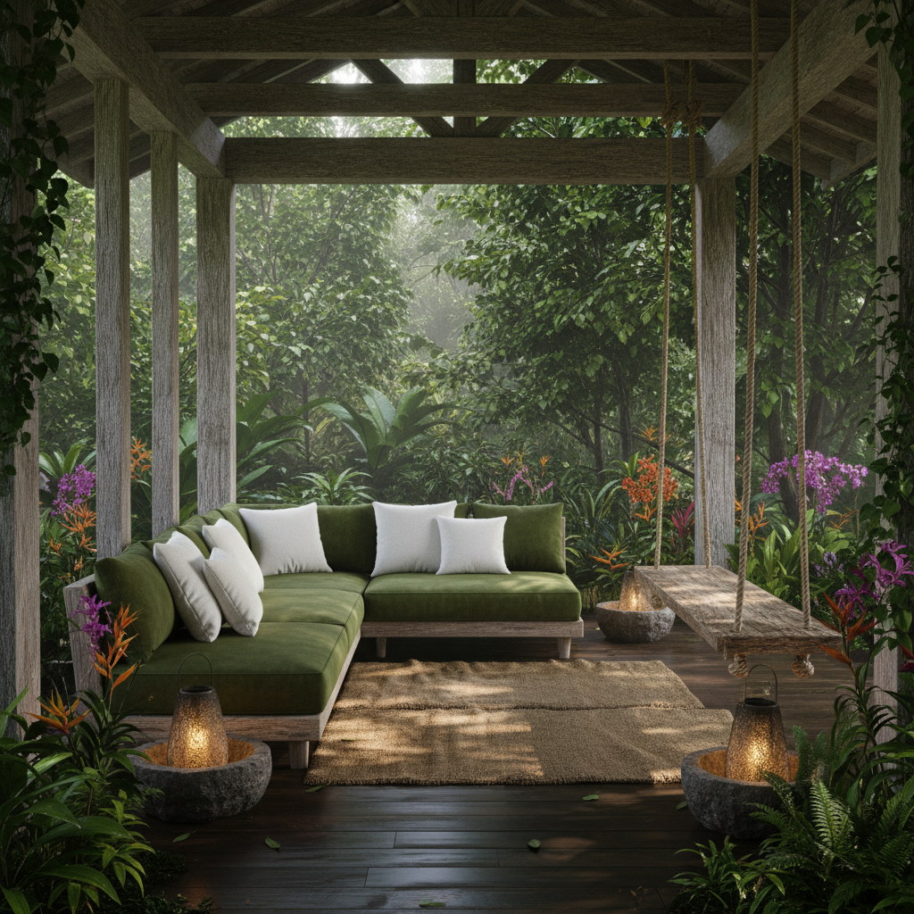 Create a serene Veranda in Natural Tropical style, set amidst a lush rainforest. The space features  - Interior design