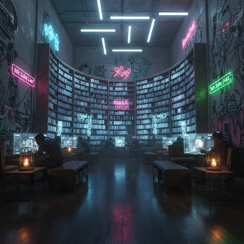 Imagine a futuristic library with a dark, gritty aesthetic, where neon lights cast an eerie glow on  - Interior design