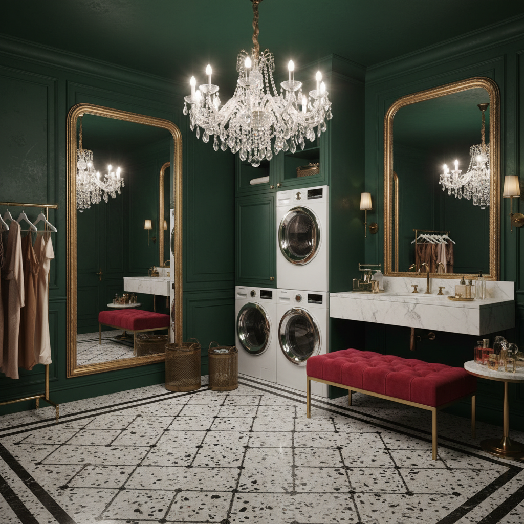Create a Laundry Room that exudes old-school Hollywood glamour, reminiscent of the iconic studios of - Interior design