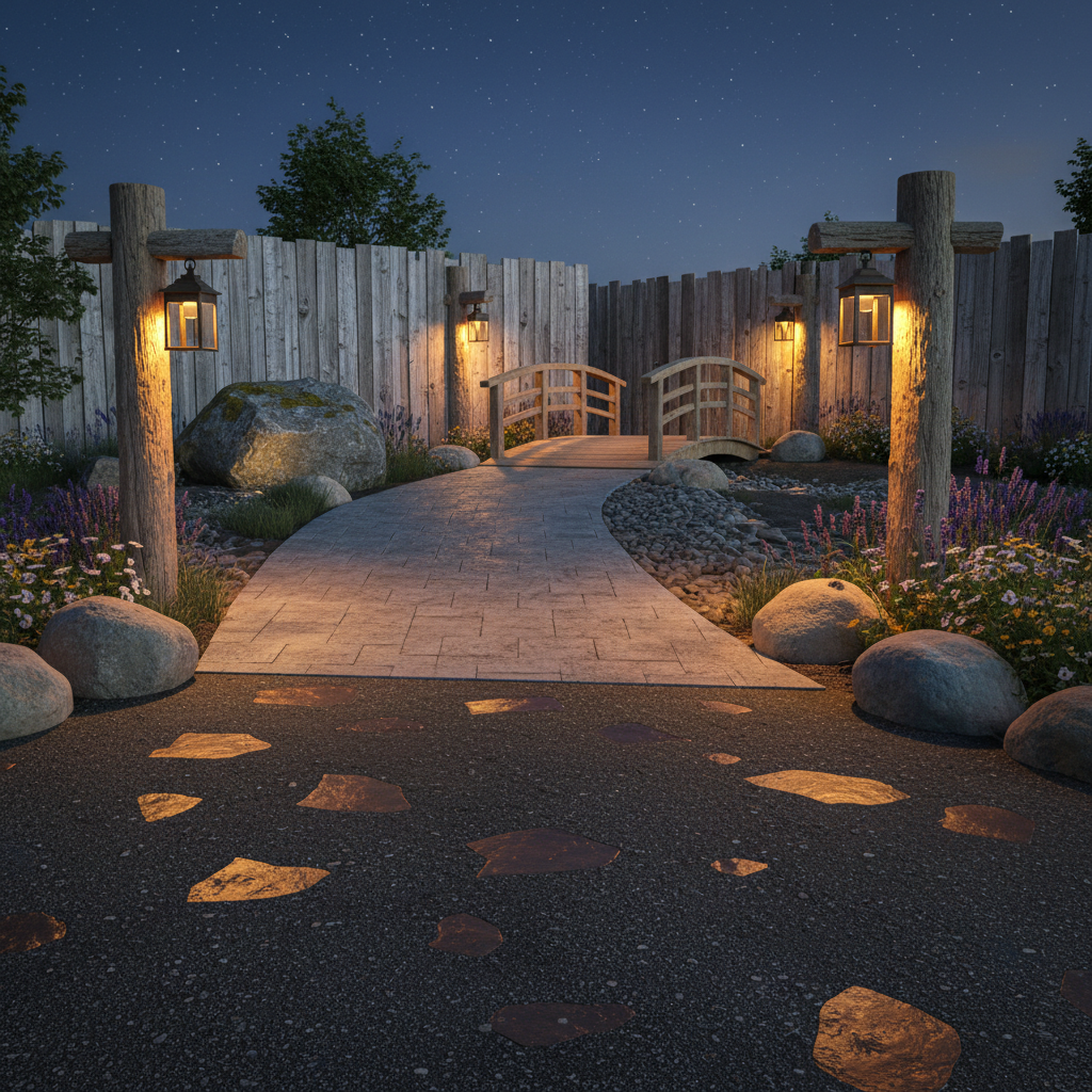 Create a Modern Rustic driveway entrance featuring a rustic concrete paver pathway surrounded by wea - Interior design