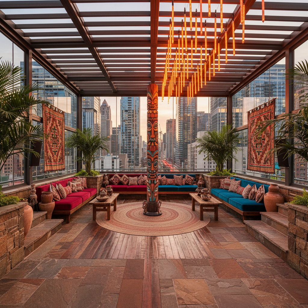 Design a vibrant rooftop oasis inspired by tribal cultures, set amidst a bustling cityscape. The space is approximately 1,000 sqft, with a retractable roof and floor-to-ceiling glass walls. Materials include reclaimed wood, natural stone, and woven fibers. Earthy tones and rich textures dominate the palette: terracotta, sienna, and umber hues complement turquoise, coral, and golden accents. The atmosphere is lively and eclectic, with vintage tribal artifacts and handwoven rugs scattered throughout. A dramatic LED light installation evokes the warmth of a tropical sunset, while a statement piece β a hand-carved wooden totem β stands sentinel at the space's center, surrounded by plush sectional sofas in deep, rich colors. - Tribal Rooftop designed with artificial intelligence by Interiores AI