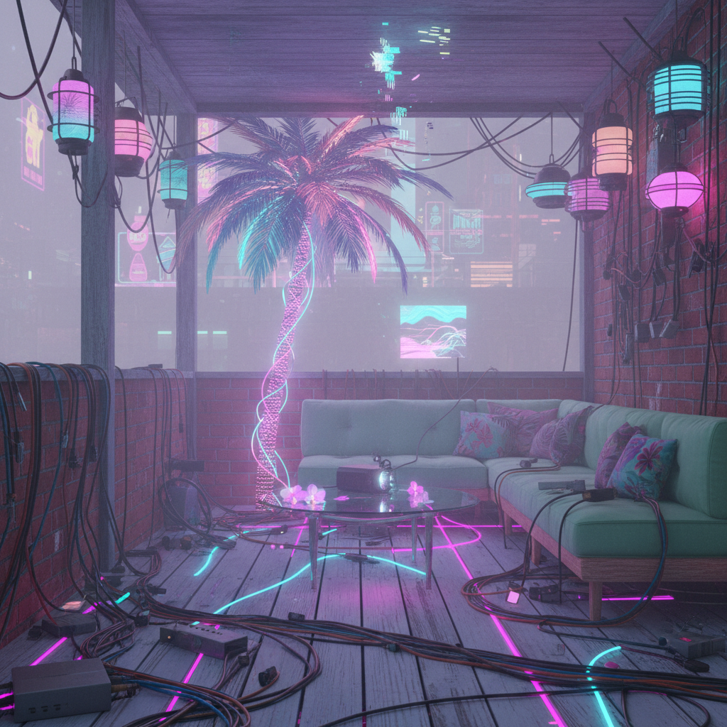 Design a dimly lit, futuristic porch with a Vaporwave aesthetic, where pastel-hued, distorted tropic - Vaporwave design