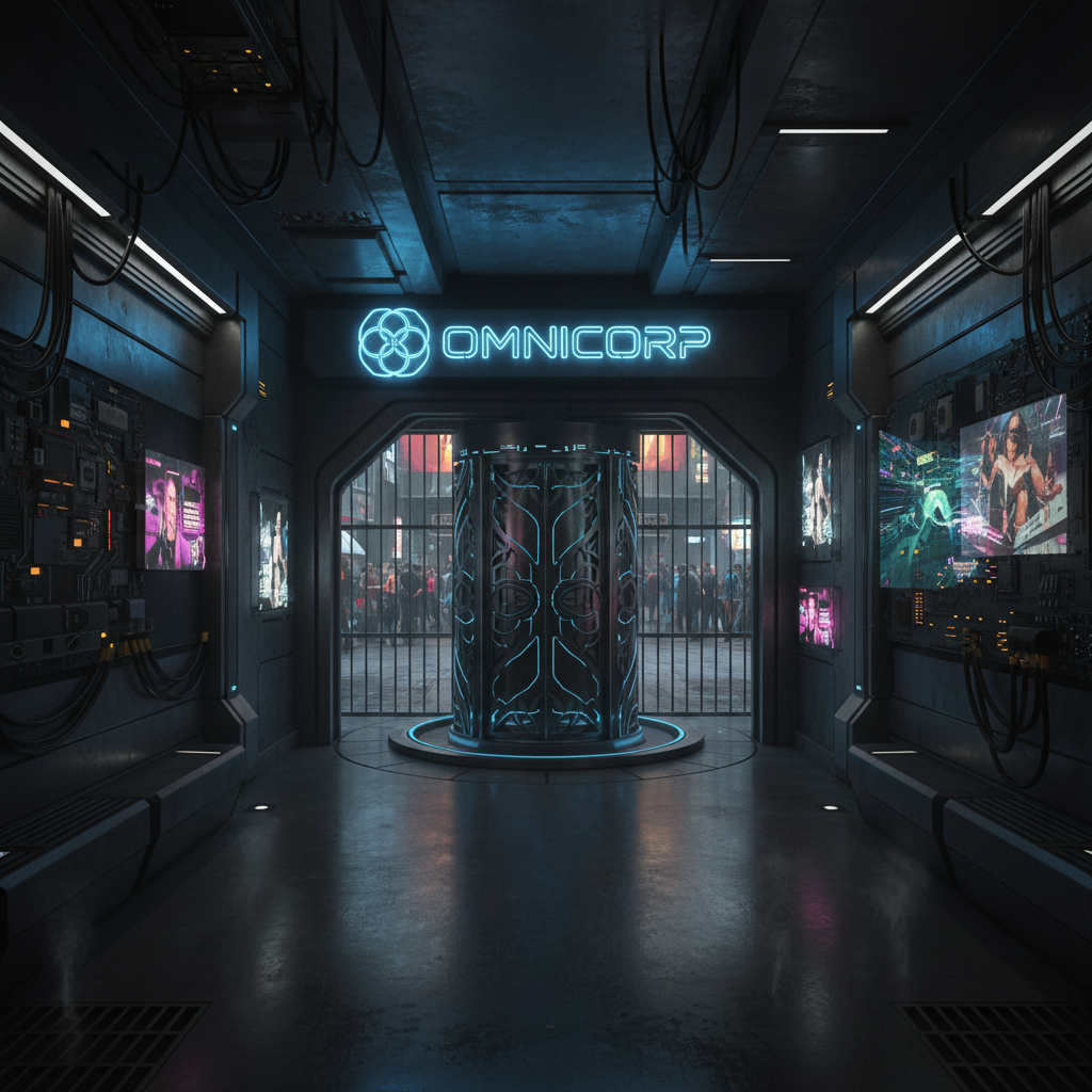 Diseñe un vestíbulo futurista con un aspecto oscuro, áspero y de alta tecnología, característico del - Cyberpunk diseño